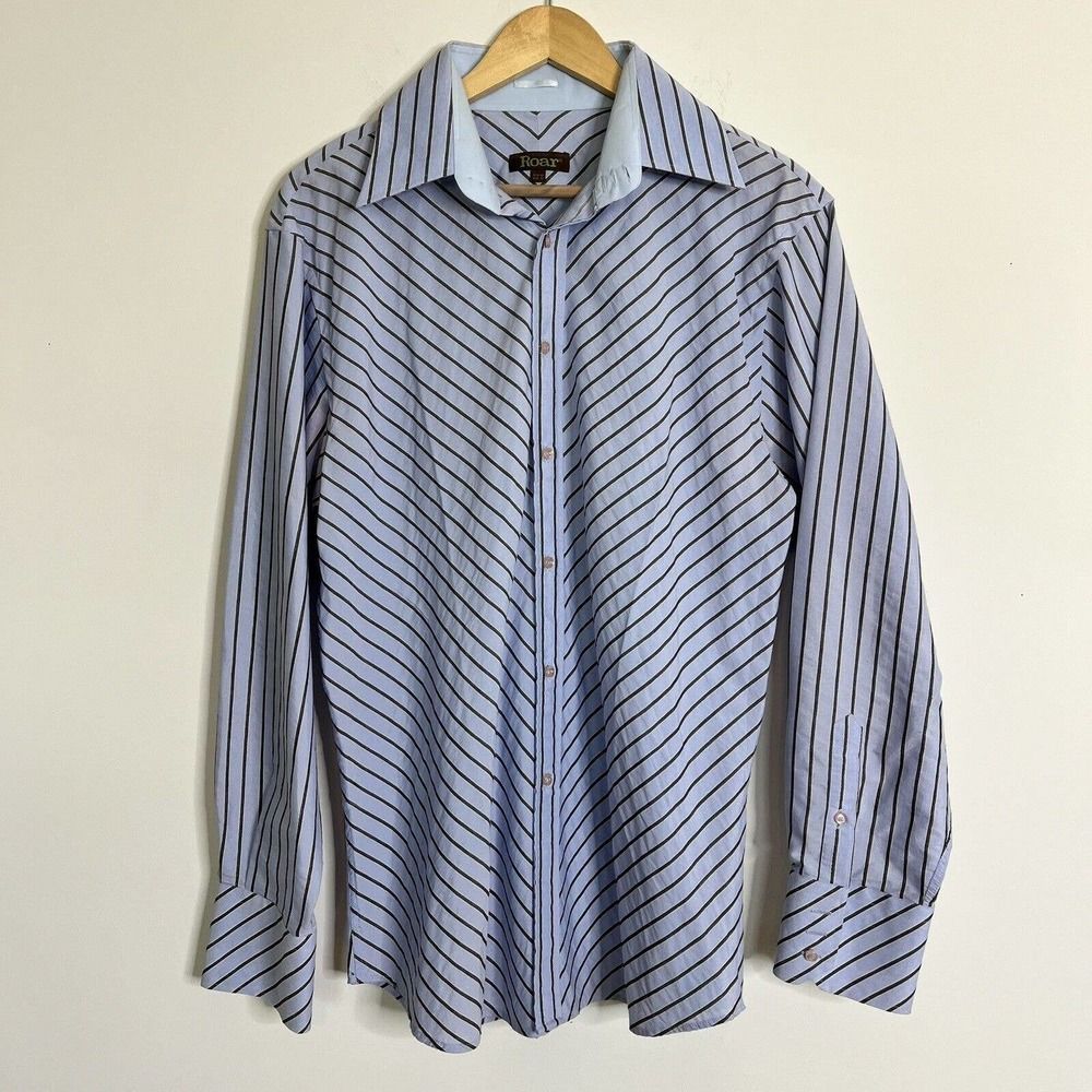 Roar Men's Dress Shirt Long Sleeve Button Up Blue Striped Cotton Blend‎ Size XL